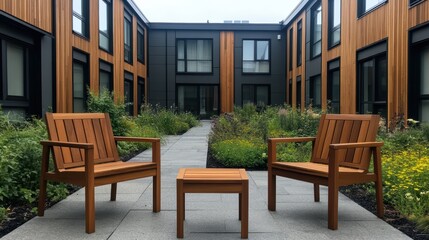 Obraz premium Two wooden chairs on a city sidewalk, moment of rest two