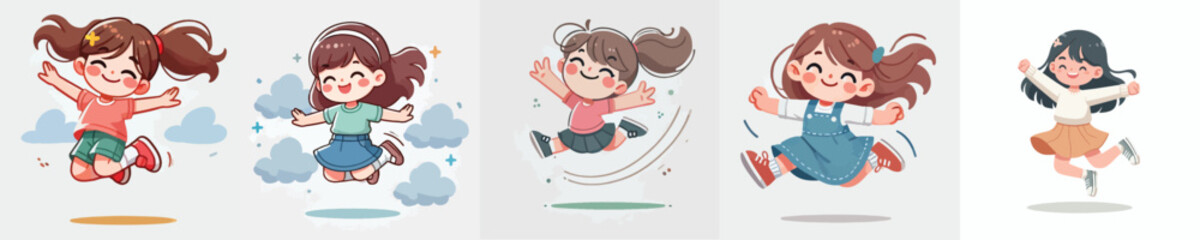 vector set of little girls jumping happily