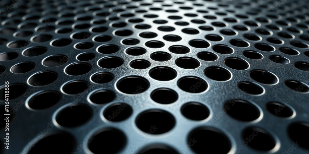 Aufkleber close-up of a metallic surface featuring numerous evenly spaced circular holes.