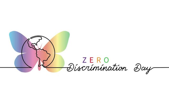 Zero Discrimination Day simple animated illustration with rainbow butterfly and planet, globe. One continuous self drawing line animation, footage