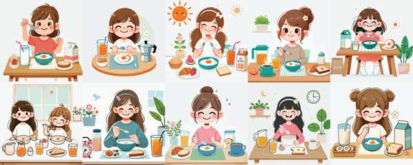 little girl vector set having breakfast