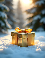 Paquet cadeau chic et élégant posé dans la neige entouré de sapins enneigés