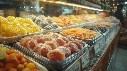 Fototapeta premium Colorful display of fresh fruits and seafood in market.