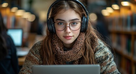 Engaged in an educational project, a person is listening to a podcast audio while wearing headphones, participating in an online course, and checking their exam results