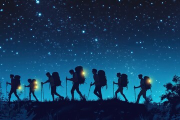 Fototapeta premium Whimsical Hikers Under the Starry Sky