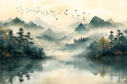 Serene Mountain Lake Landscape With Birds In Flight - Powered by Adobe