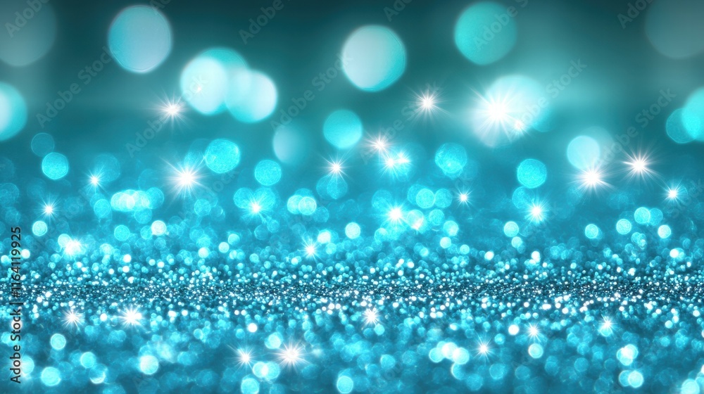 Poster A shimmering turquoise background with sparkling bokeh effects, ideal for design and decoration.