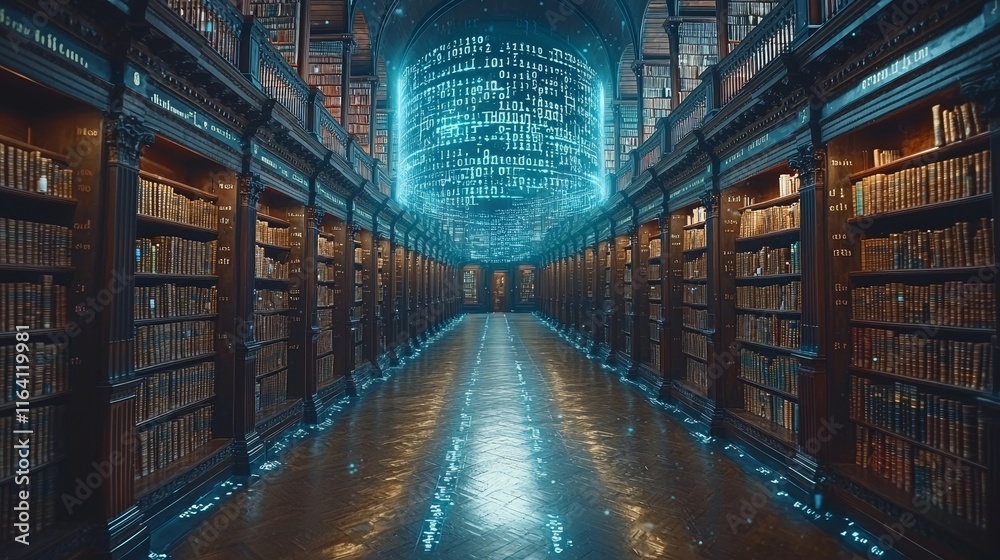 Poster an open book on a wooden table serves as the backdrop for emerging digital binary code, illustrating