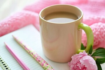 Cozy Morning Scene with Coffee, Notebook, Pencil, and Fresh Flower on Soft Background