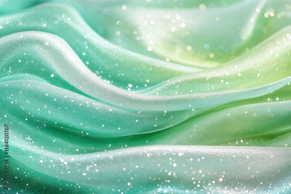 Poster a close-up of flowing, shimmering fabric in shades of green and blue, creating a dreamy effect.