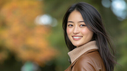 Fototapeta premium Japanese woman in brown leather jacket at city park at sunny morning
