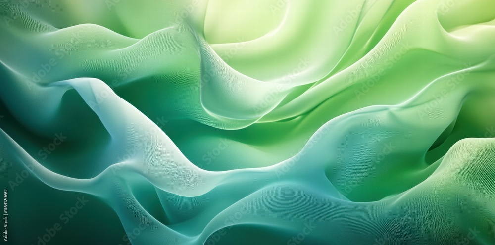 Poster a soft, flowing abstract design in shades of green and blue, evoking calm and tranquility.