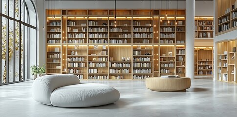 This minimalist virtual library exudes serenity and modernity with its sleek white shelves, ambient lighting, and interactive digital book displays