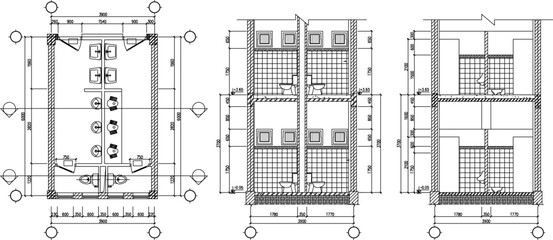 vector sketch, silhouette illustration, detailed design of a typical two-story bathroom plan with a size scale.eps