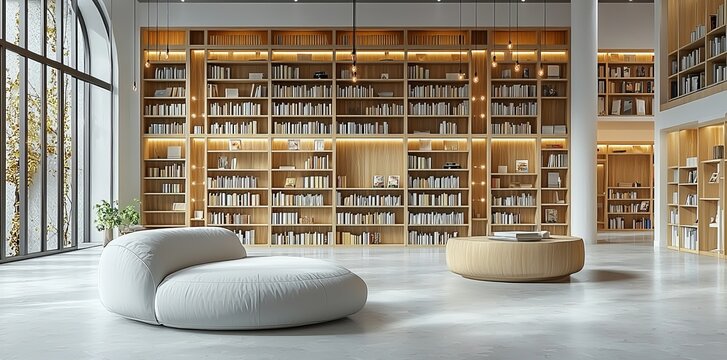 This minimalist virtual library exudes serenity and modernity with its sleek white shelves, ambient lighting, and interactive digital book displays