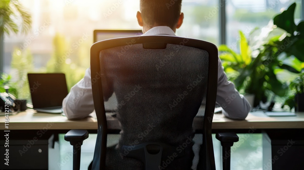 Aufkleber office workers using ergonomic chairs to reduce the risk of back pain and herniated discs.
