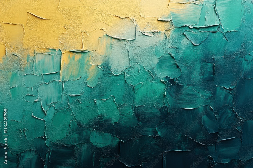 Poster abstract painting with textured layers of teal and yellow, evoking calmness and depth.