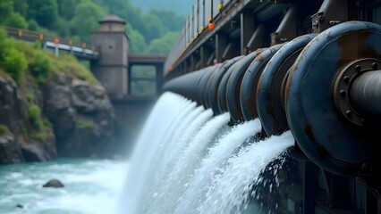 Hydroelectric Dam Water Flowing Through Pipes Industrial Scene