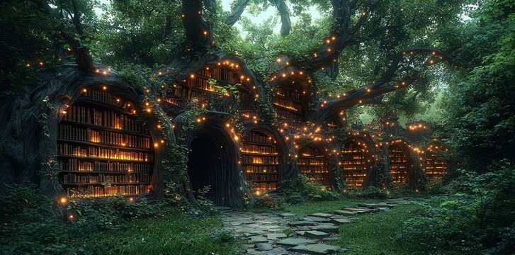A virtual library with a fantasy forest theme, featuring digital magical books, interactive woodland creatures, and enchanting design