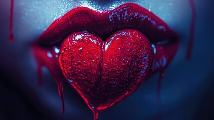 Red heart Paint dripping, lipgloss drops on sexy lips, bright liquid paint on beautiful model girl's mouth, Valentine's Day art design. Lipstick. On dark background. 