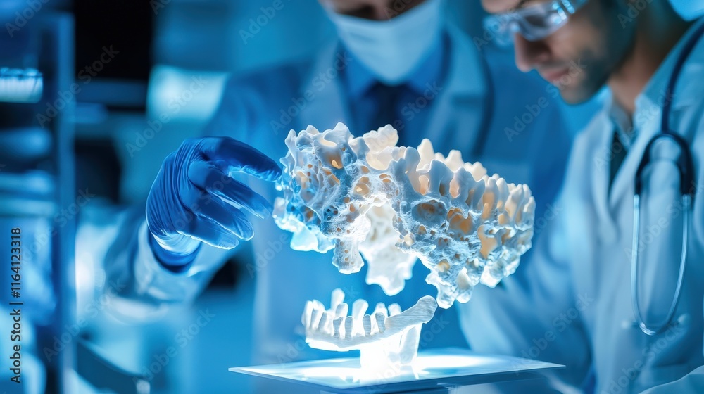 Poster doctors discussing a detailed bone model in a modern lab.