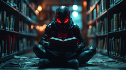 Obraz premium A red-eyed entity devouring all human knowledge within a library, AI, technology, digital, data, knowledge, learning, education