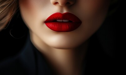 Close-up of woman's red lips, dark background.