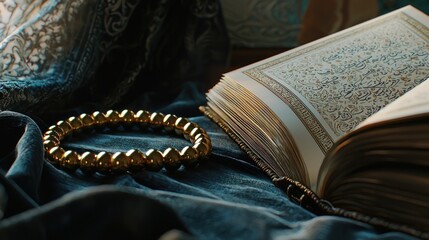 A golden bracelet beside an ornate book on a textured fabric.