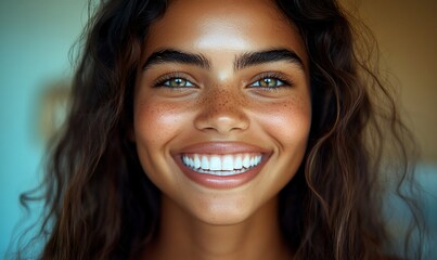 Close-up portrait of a smiling woman with freckles and long curly hair.