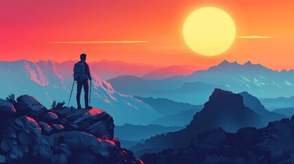 Fototapeta premium Hiker on mountaintop at sunset, overlooking vast landscape.