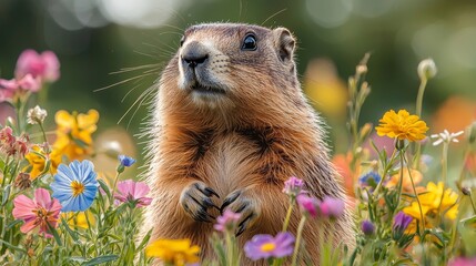 In a picturesque setting, a charming woodchuck thrives among lush green grass and colorful wildflowers, capturing the