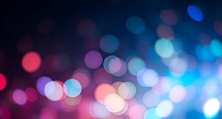 Vibrant multicolor bokeh lights on dark background. Abstract design, perfect for modern art, technology projects.
