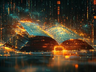 An open book sits on a wooden table, bathed in a collection of light, against a digital circuit background