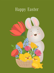 Happy Easter. Card, poster, invitation with Bunny and basket with flowers and chicks. Modern design style.