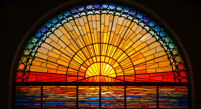 stained glass artwork depicting a radiant sunrise with intricate patterns of interlocking geometric