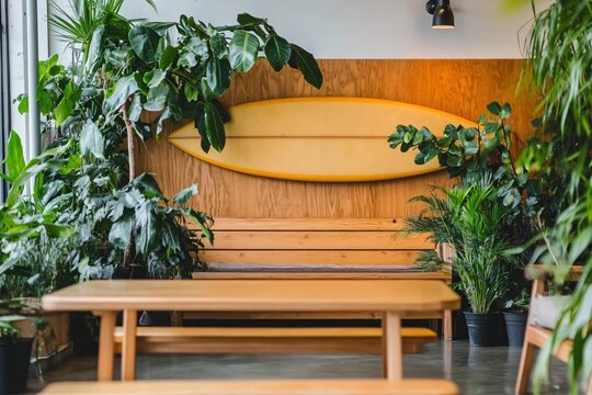 Cozy Indoor Space Featuring Surfer Art and Lush Green Plants in Modern Setting