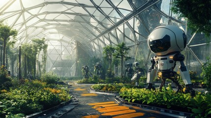 A high-tech urban garden where robots tend to plants under a massive glass dome
