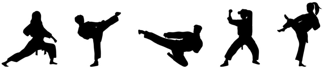 Black silhouettes of karate fighting on a white background