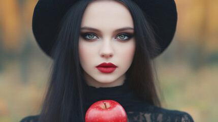 Portrait of a woman with red lips, green eyes, and a black hat holding a red apple. Gothic and fairytale-inspired concept for design and print