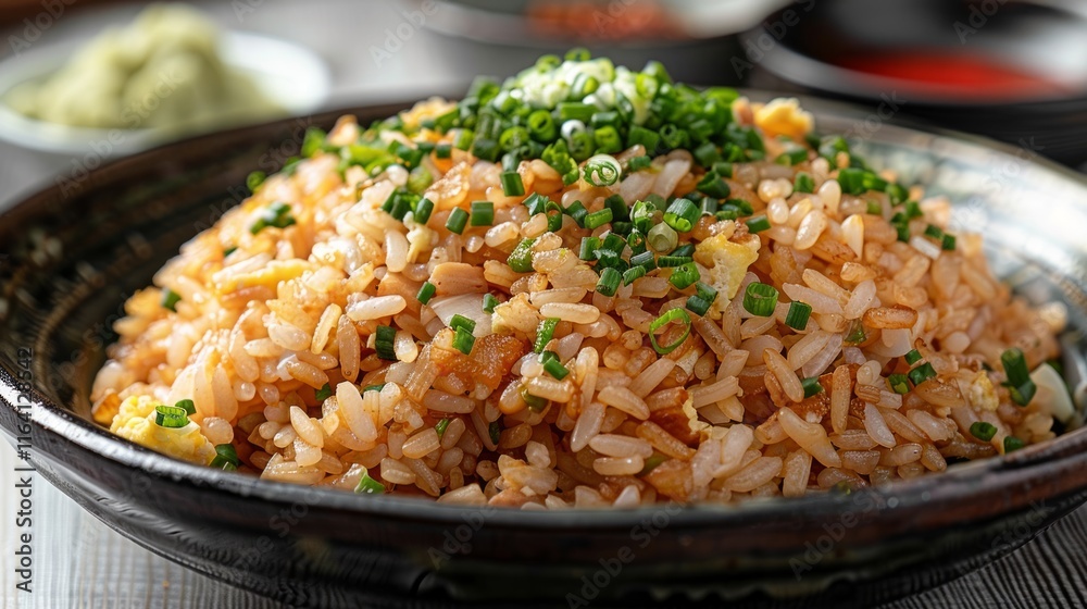 Wall mural Delicious fried rice with egg and spring onions in a dark bowl.