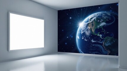 Fototapeta premium Blank canvas in minimalist room featuring a vibrant planetary mural showcasing a sunrise over Earth