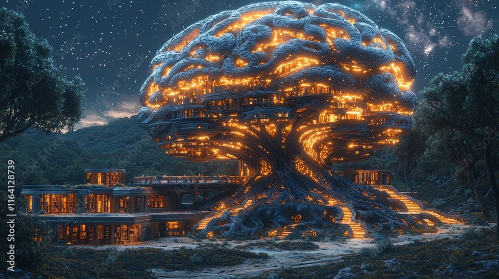 Poster glowing treehouse in the shape of a brain for playful learning and adventurous knowledge