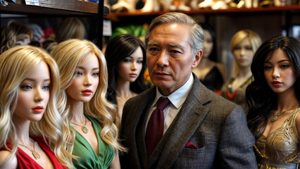 A wealthy man chooses a woman doll for himself. The concept of modern technology