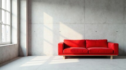 A Vibrant Red Sofa in a Minimalist Room with Sunlight Streaming Through a Large Window