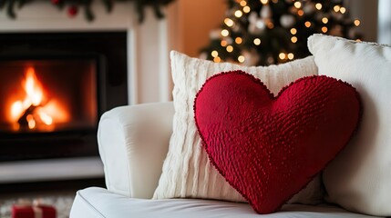 Red heart pillow on a white couch, love and valentine's day photography