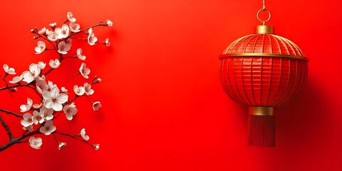 Chinese New Year Red Lantern and Blossoms on red background with copy space for text, spring festivals