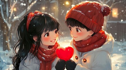 An illustration of a couple in love holding a red heart, in winter outfits, kids watercolor illustration of love, and valentine's day, snow background