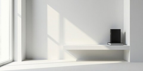 Serene Minimalist Interior with Sunlight Illuminating a Simple White Shelf Holding Two Books