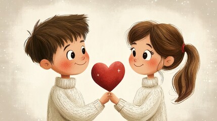 A cute illustration of a couple in love holding a red heart, kids watercolor illustration of love, and valentine's day, light colored background