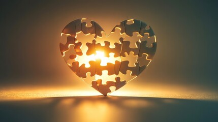 Heart-shaped jigsaw puzzle glowing with light.